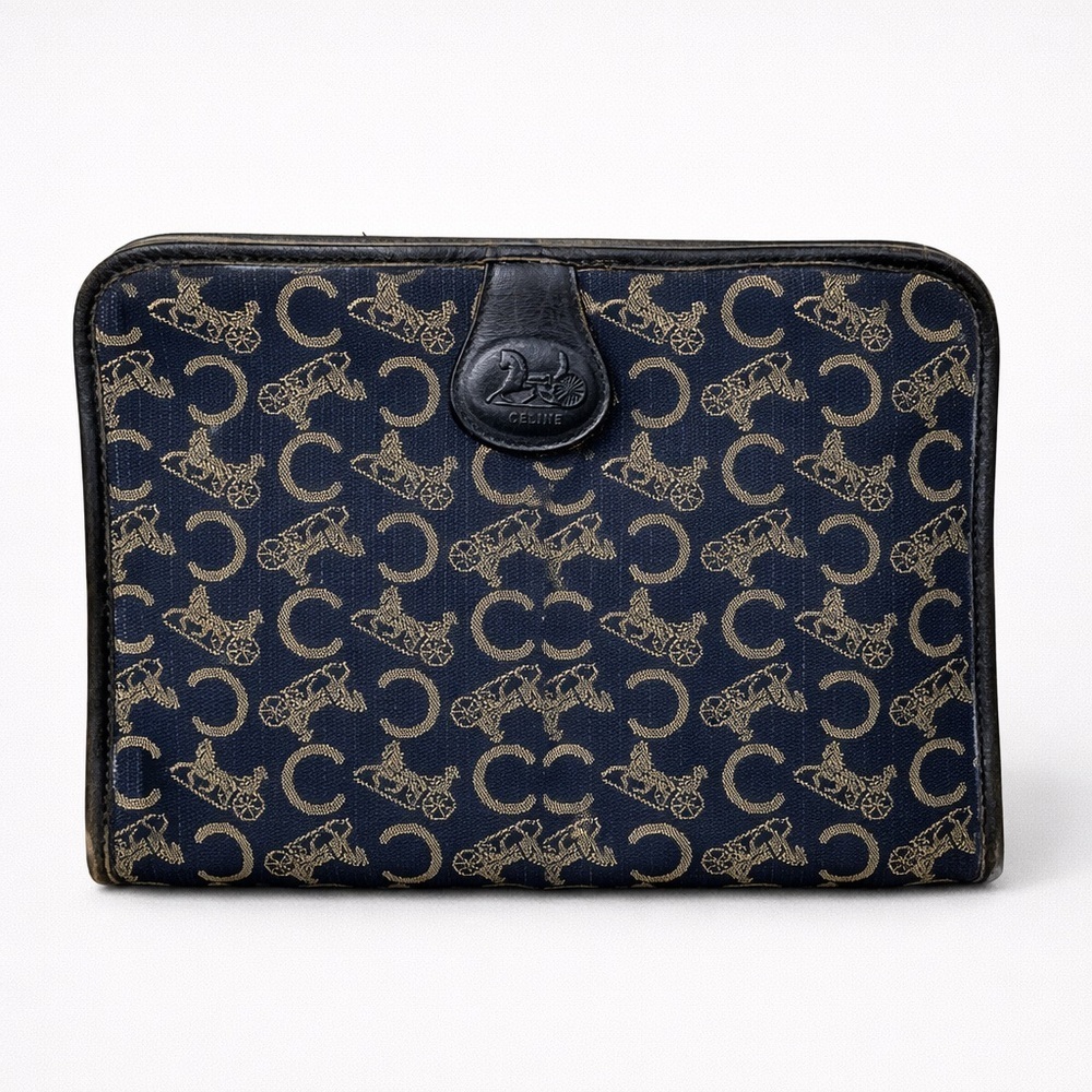 Vintage Celine Navy Macadam Toiletry Bag COA Horse Carriage Old Money Luxury